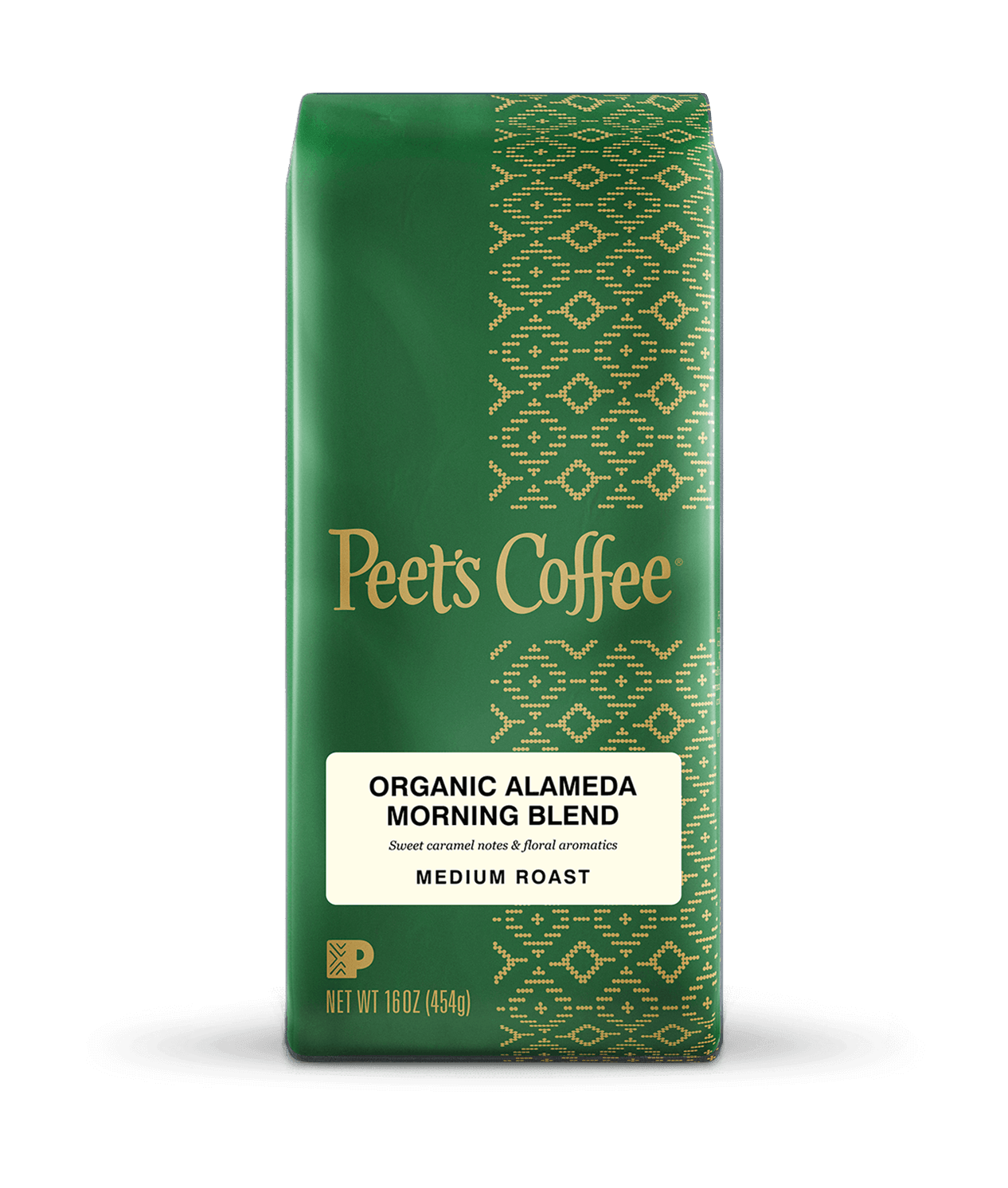 Peet's Coffee Organic Almeda Morning Blend Medium Roast Coffee beans in a green 16 ounce bag